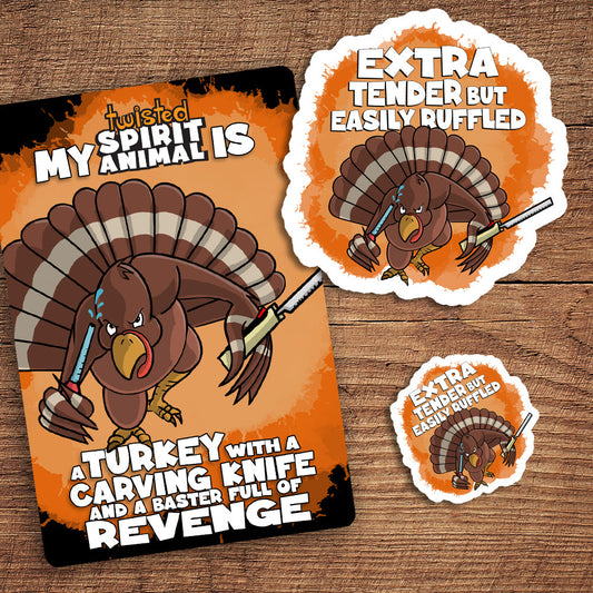 Turkey with a Carving Knife and a Baster Full of Revenge sticker pack - Benjamin Wallace Books