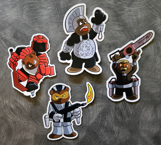 Four bear-themed stickers with different poses on a textured gray background